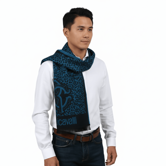 Roberto Cavalli ESZ056 04505 Turquoise Wool Blend Leopard Print Mens Scarf