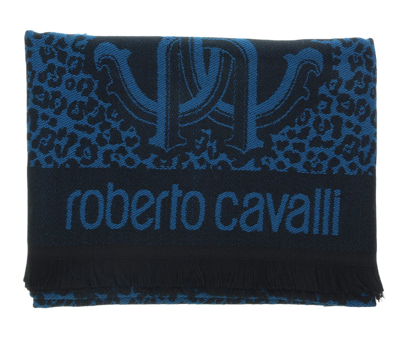 Roberto Cavalli ESZ056 04505 Turquoise Wool Blend Leopard Print Mens Scarf