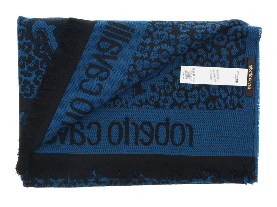 Roberto Cavalli ESZ056 04505 Turquoise Wool Blend Leopard Print Mens Scarf