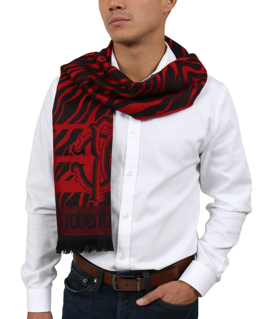 Roberto Cavalli  Red Wool Blend Tiger Print Mens Scarf