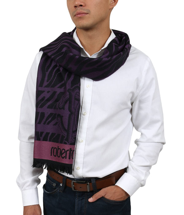 Roberto Cavalli ESZ057 03000 Purple Wool Blend Tiger Print Mens Scarf