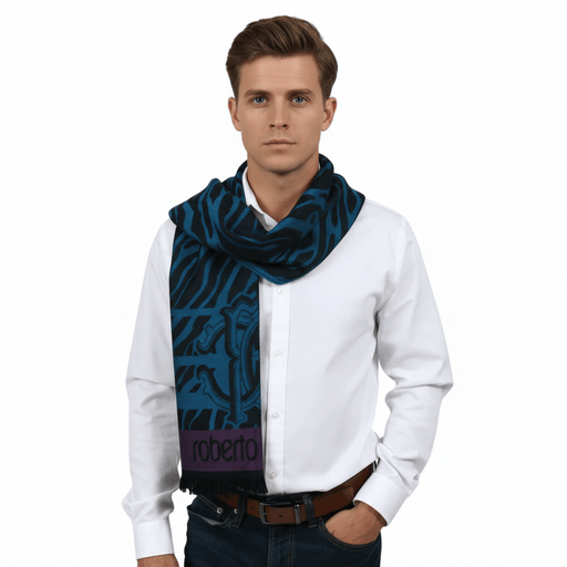 Roberto Cavalli ESZ057 04505 Turquoise Wool Blend Tiger Print Mens Scarf