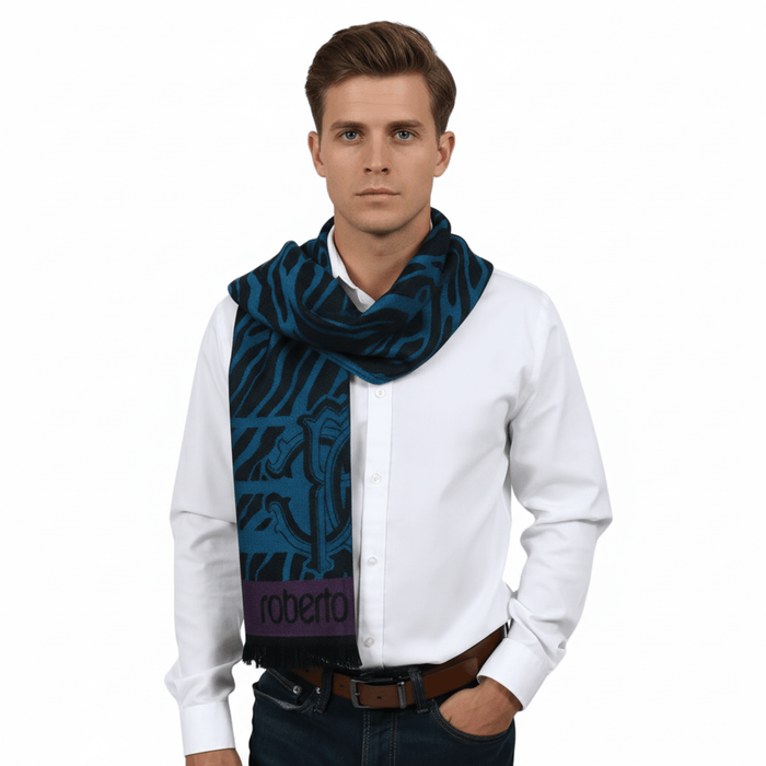 Roberto Cavalli ESZ057 04505 Turquoise Wool Blend Tiger Print Mens Scarf