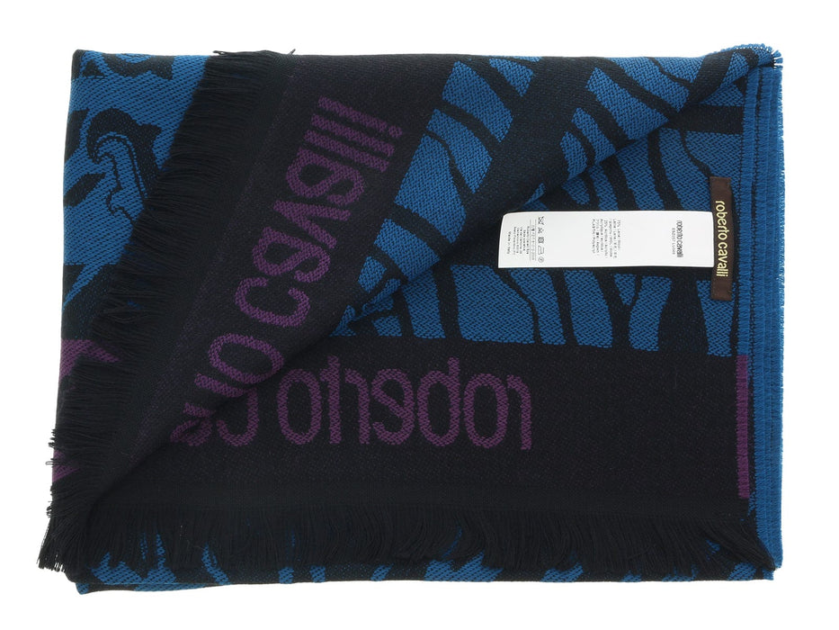 Roberto Cavalli ESZ057 04505 Turquoise Wool Blend Tiger Print Mens Scarf