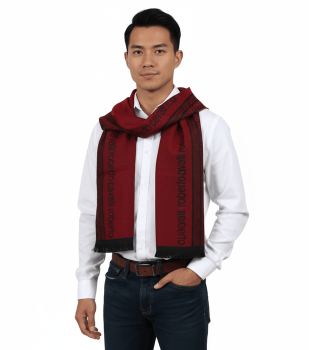 Roberto Cavalli ESZ062 02000 Red Wool Blend Signature Mens Scarf