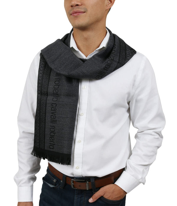 Roberto Cavalli ESZ062 05001 Grey Wool Blend Signature Mens Scarf