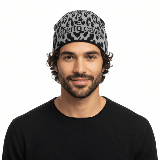 Roberto Cavalli  ESZ026 D0060 Black/Grey Jaguar Beanie Hat
