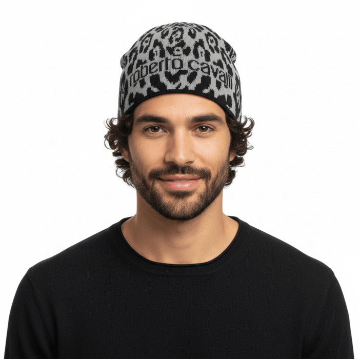 Roberto Cavalli  ESZ026 D0060 Black/Grey Jaguar Beanie Hat