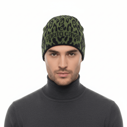 Roberto Cavalli  ESZ026 D0491 Black/Military Green Jaguar Beanie Hat