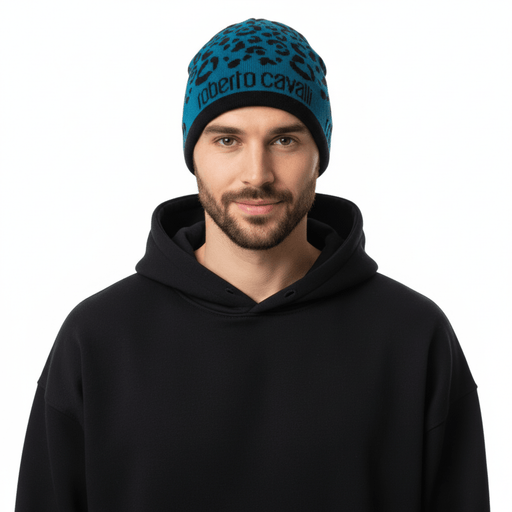 Roberto Cavalli  ESZ031 D2493 Black/Petrol Leopard Beanie Hat