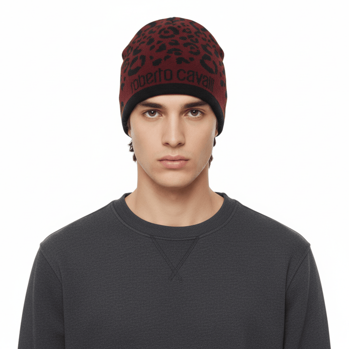 Roberto Cavalli  ESZ031 02000 Maroon Leopard Beanie Hat