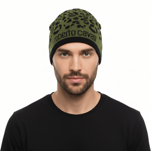 Roberto Cavalli  ESZ031 04000 Black/Military Green Leopard Beanie Hat