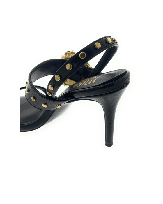 Defective/Store Return Versace Jeans Couture Womens Oversized Buckle Black Heeled Sandals-EU37
