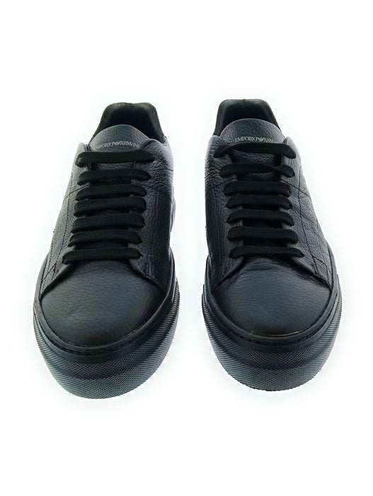 Emporio Armani Men's Black Silver Leather Low-Top Sneakers-8.5