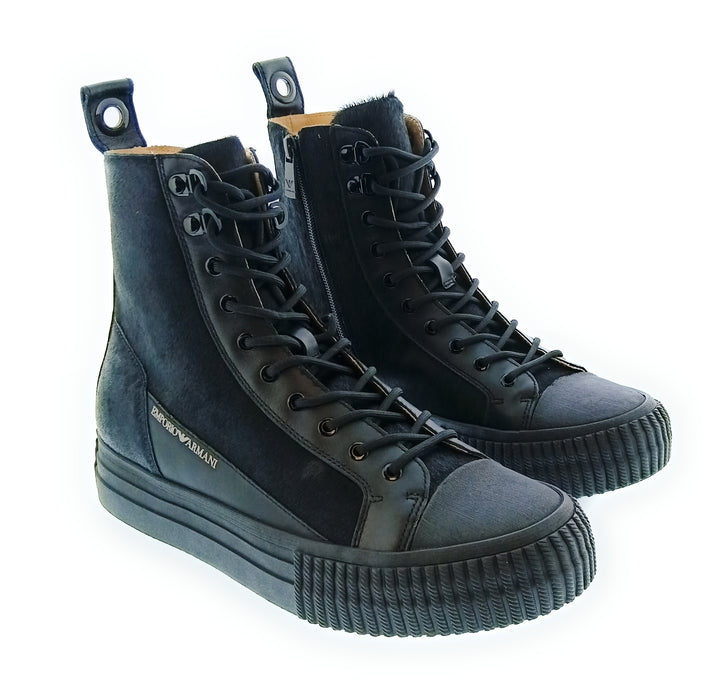 Emporio Armani Men's Black Matte Blue High-Top Lace-Up Sneakers-10
