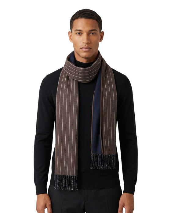 Lanvin 100% Wool Scarf – Brown Pinstripe, Lightweight Fringed Design
