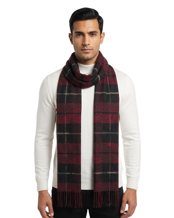 Lanvin 100% Wool Scarf – Plaid Burgundy and Black,  Fringed Winter Wrap