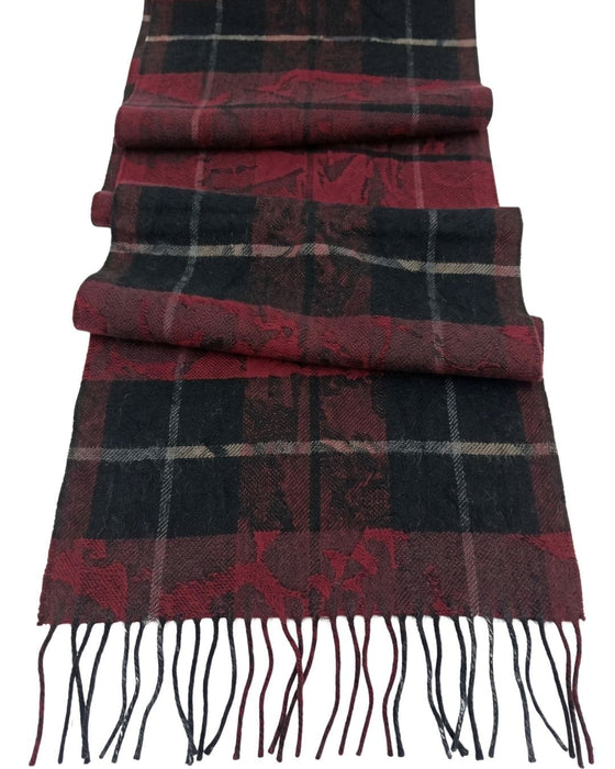 Lanvin 100% Wool Scarf – Plaid Burgundy and Black,  Fringed Winter Wrap