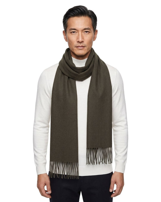 Lanvin Soft Luxurious Cashmere and Wool Army Green Fringe Scarf
