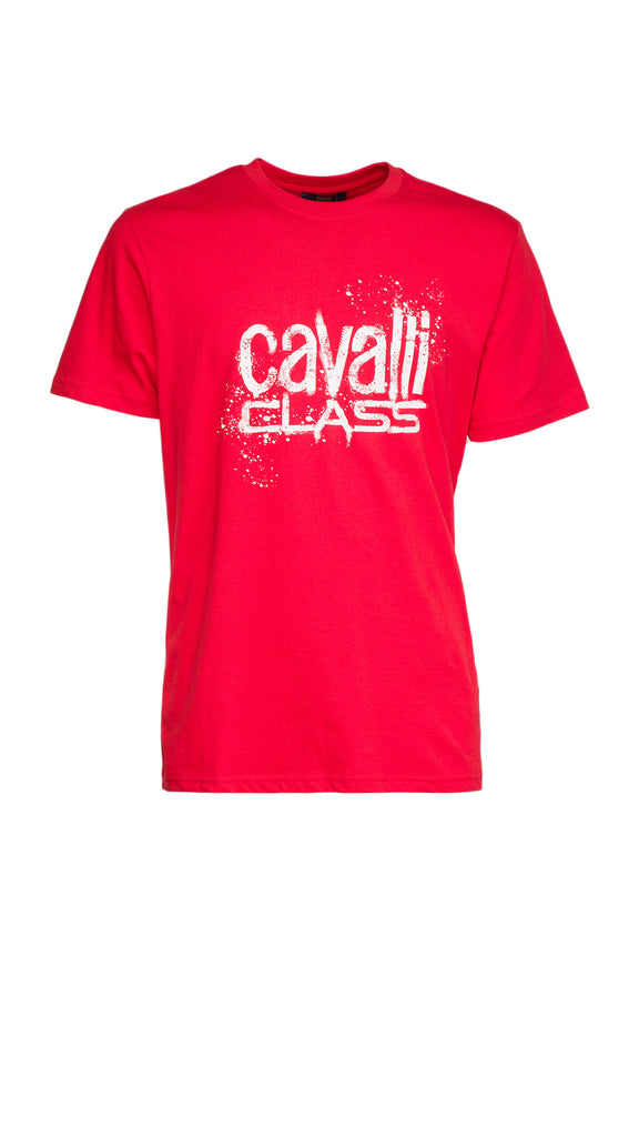 Cavalli Class Red Spray Print Signature Fashion T-Shirt -