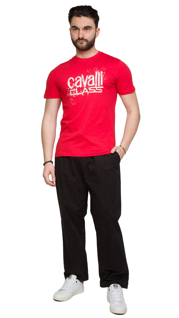 Cavalli Class Red Spray Print Signature Fashion T-Shirt -