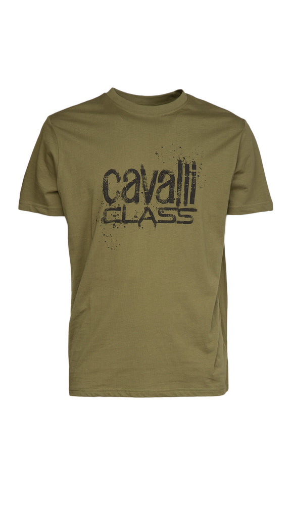 Cavalli Class Military Green Spray Print Signature Fashion T-Shirt -XXL