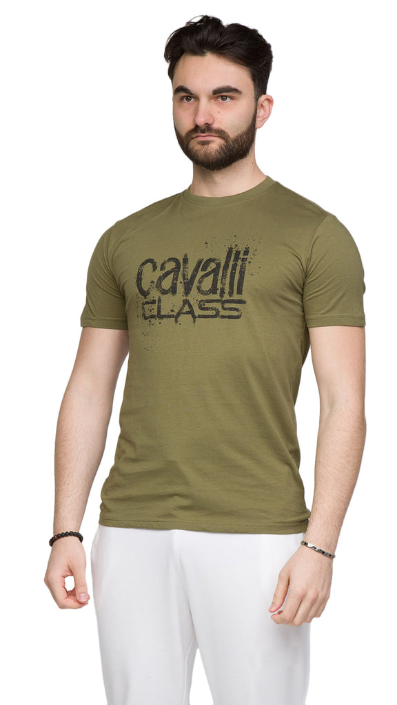 Cavalli Class Military Green Spray Print Signature Fashion T-Shirt -