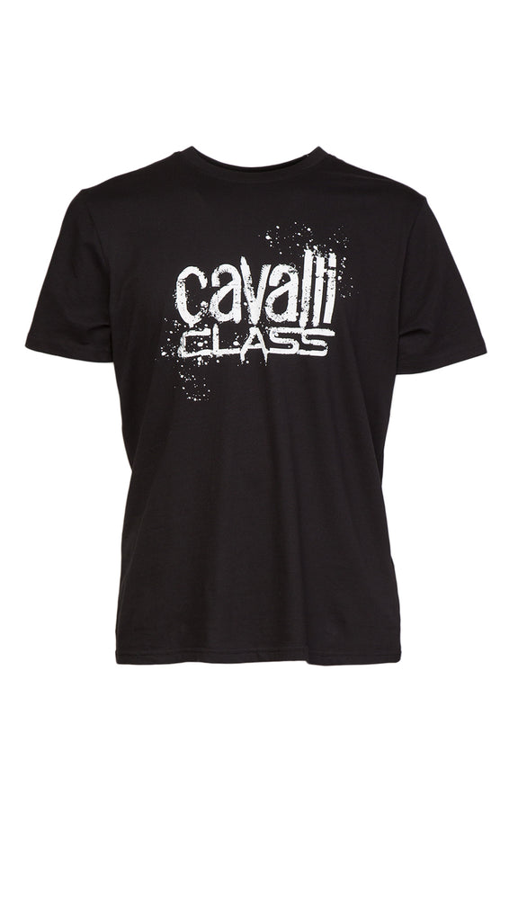 Cavalli Class Black Spray Print Signature Fashion T-Shirt -