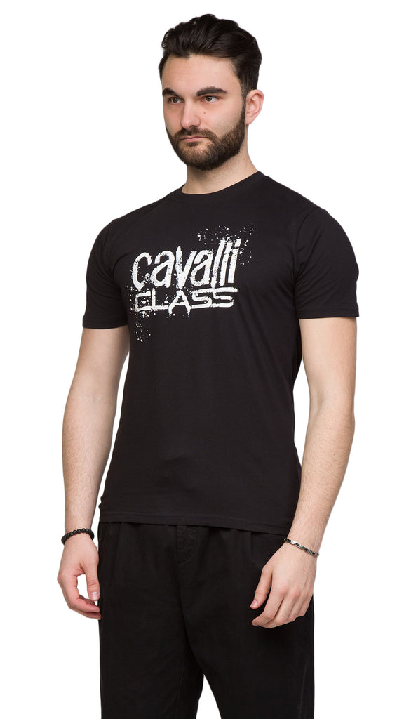 Cavalli Class Black Spray Print Signature Fashion T-Shirt -