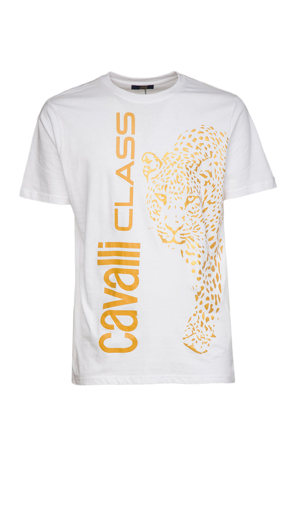 Cavalli Class White Signature Leopard Print Fashion T-Shirt-L