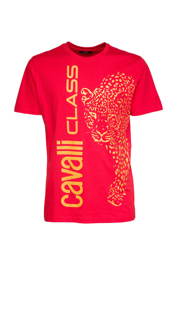 Cavalli Class Red Signature Leopard Print Fashion T-Shirt-L