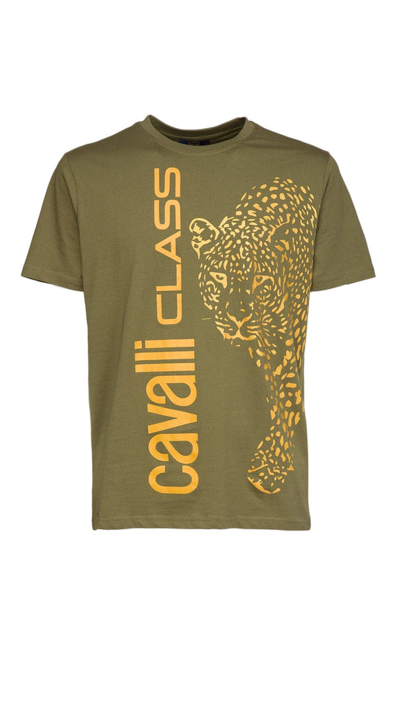 Cavalli Class Brilliant Green Signature Leopard Print Fashion T-Shirt-XXL