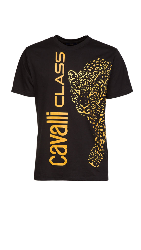 Cavalli Class Black Signature Leopard Print Fashion T-Shirt-L