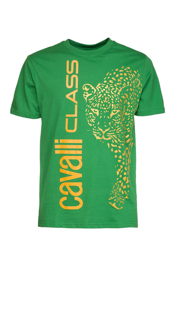 Cavalli Class Brilliant Green Signature Leopard Print Fashion T-Shirt-M