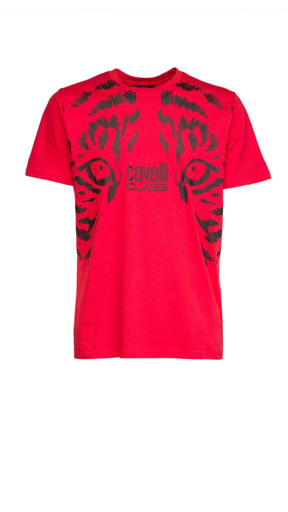 Cavalli Class Red Tiger Eyes Print Fashion T-Shirt-L