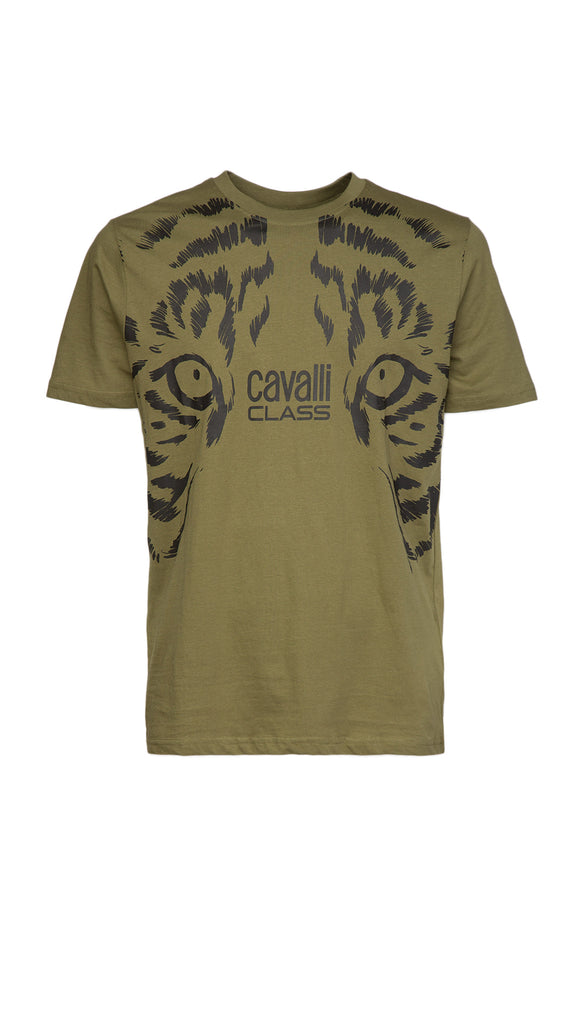 Cavalli Class Military Green Tiger Eyes Print Fashion T-Shirt-XXL