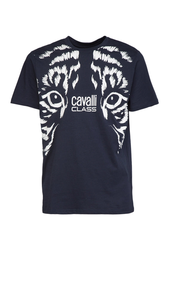 Cavalli Class Navy Tiger Eyes Print Fashion T-Shirt-M