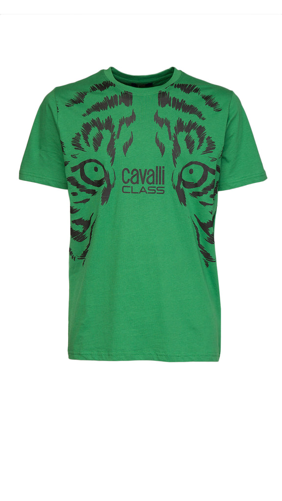 Cavalli Class Brilliant Green Tiger Eyes Print Fashion T-Shirt-L