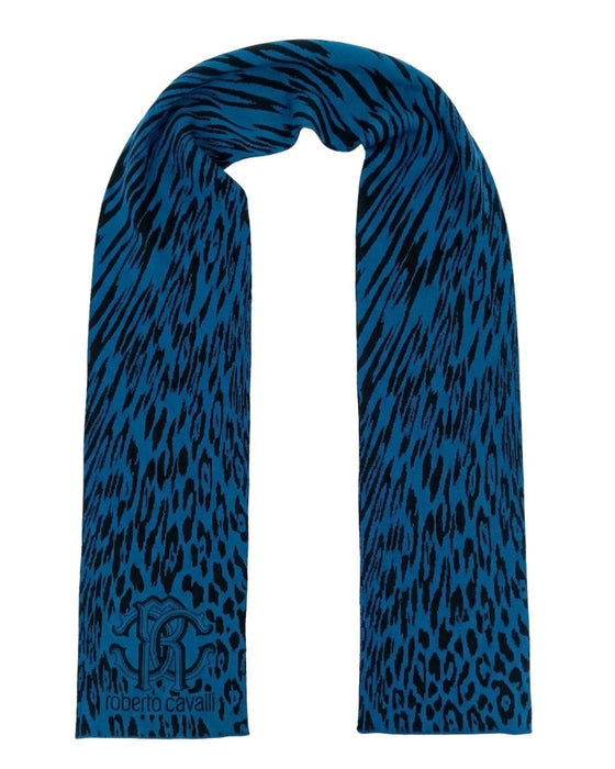 Roberto Cavalli ESZ025 D0174 Blue Marine/ Black Wool Blend Leopard Print Mens Scarf