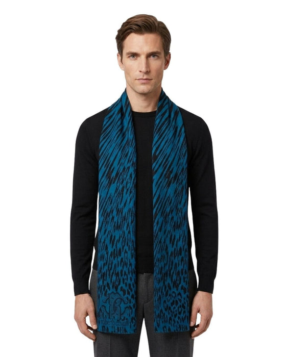 Roberto Cavalli ESZ025 D0174 Blue Marine/ Black Wool Blend Leopard Print Mens Scarf