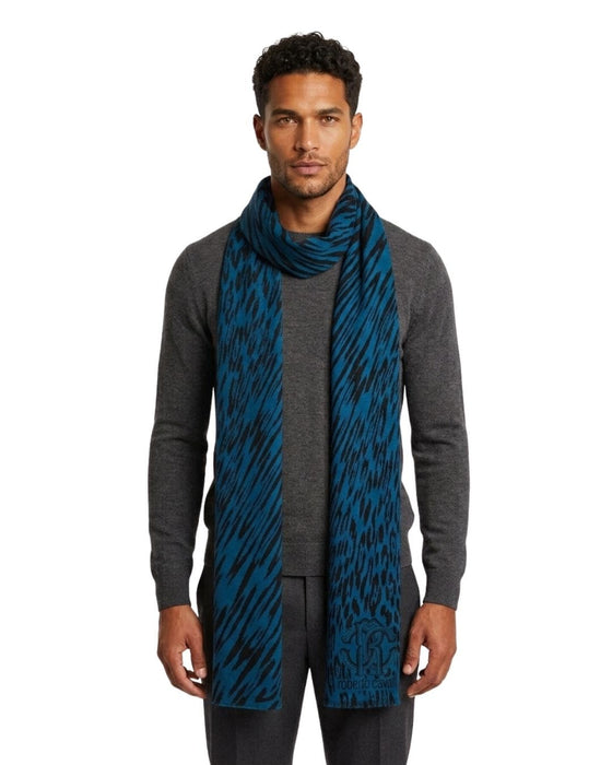 Roberto Cavalli ESZ025 D0174 Blue Marine/ Black Wool Blend Leopard Print Mens Scarf