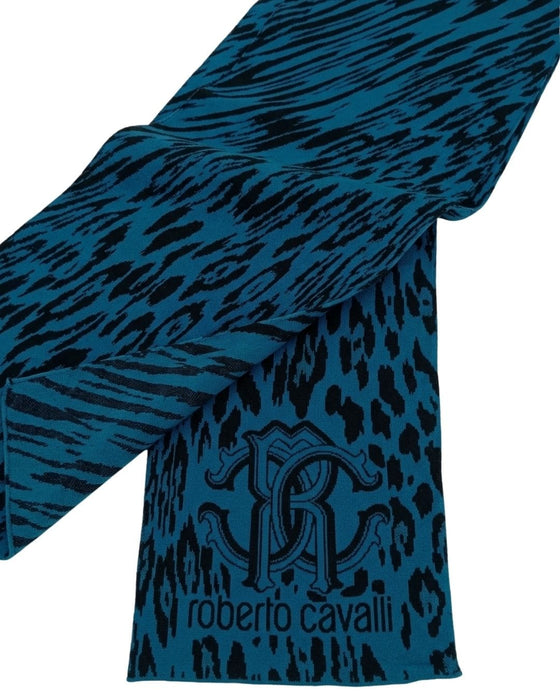 Roberto Cavalli ESZ025 D0174 Blue Marine/ Black Wool Blend Leopard Print Mens Scarf