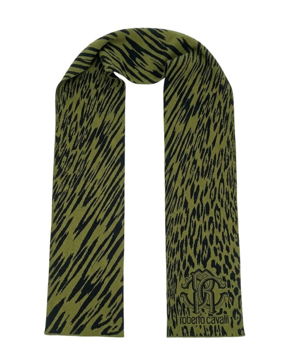 Roberto Cavalli ESZ025 D0491 Green & Black Wool Blend Leopard Print Mens Scarf