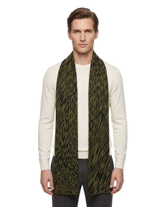 Roberto Cavalli ESZ025 D0491 Green & Black Wool Blend Leopard Print Mens Scarf
