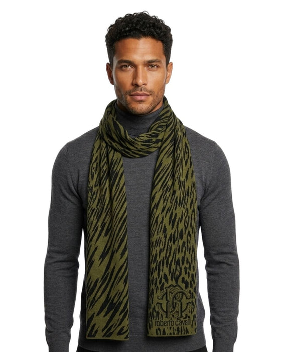 Roberto Cavalli ESZ025 D0491 Green & Black Wool Blend Leopard Print Mens Scarf