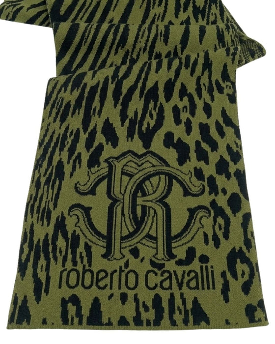 Roberto Cavalli ESZ025 D0491 Green & Black Wool Blend Leopard Print Mens Scarf