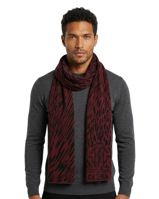 Roberto Cavalli ESZ025 02000 Burgundy Wool Blend Leopard Print Mens Scarf