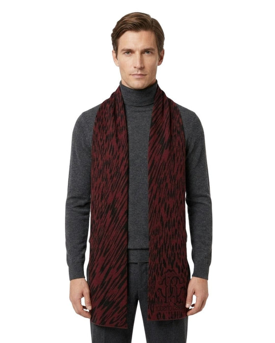 Roberto Cavalli ESZ025 02000 Burgundy Wool Blend Leopard Print Mens Scarf