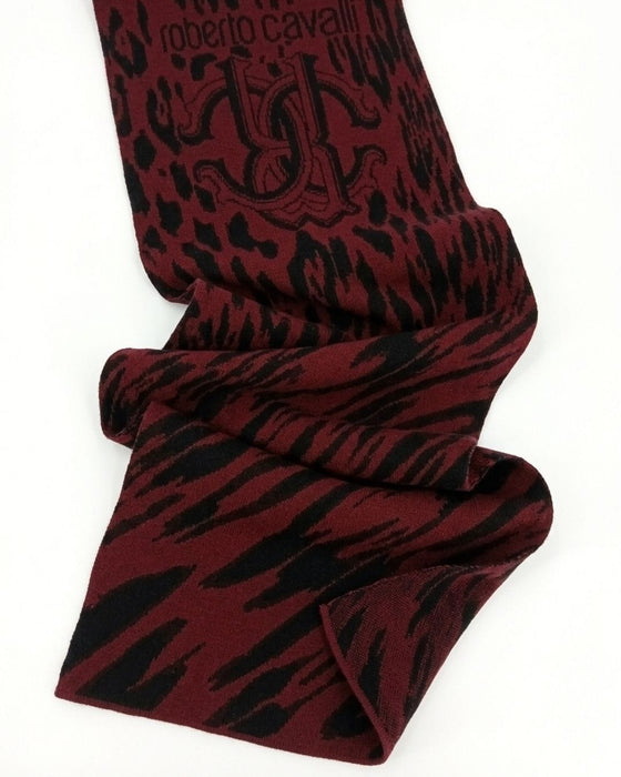 Roberto Cavalli ESZ025 02000 Burgundy Wool Blend Leopard Print Mens Scarf