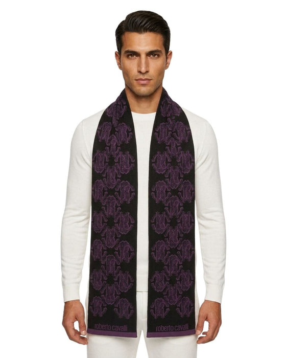 Roberto Cavalli ESZ028 03000 Purple Wool Blend Logo Mens Scarf